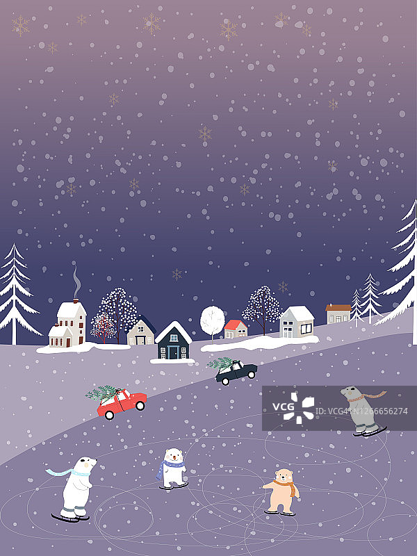 矢量冬季景观，可爱的冬季仙境在乡村下雪，北极熊在公园溜冰，卡哇伊儿童圣诞贺卡或可用于手机屏幕图片素材