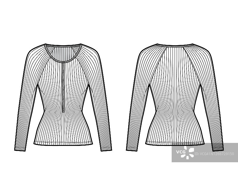 罗纹棉毛衫顶部技术时尚插图与长插肩袖，苗条的适合，勺亨利领口图片素材