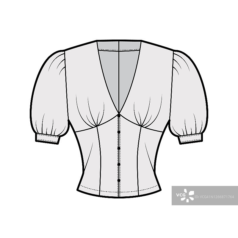 衬衫技术时尚插图与中等蓬松的袖子，深v领口，苗条的fit，前扣扣图片素材