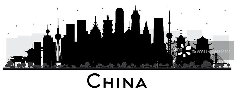 中国城市天际线轮廓与黑色建筑孤立在白色。中国的著名地标。图片素材