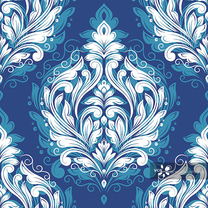 白蓝锦缎无缝图案。复古，佩斯利元素。传统的土耳其图案。伟大的织物和纺织品，墙纸，包装或任何理想的想法。图片素材