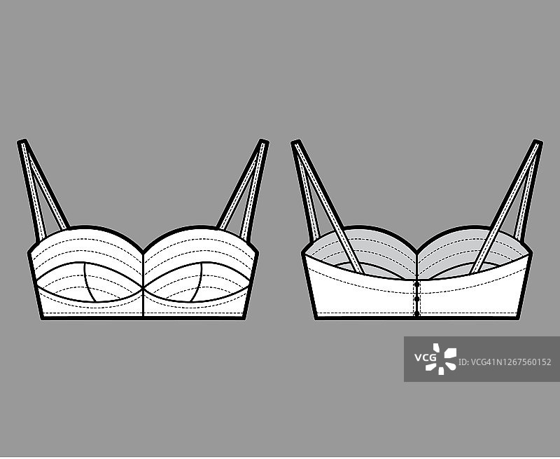 胸衣顶部技术时尚插图裁剪长度，杯子和一个下摆前裁剪，肩带。平胸衣泳装图片素材