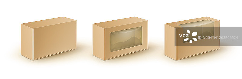 矢量集棕色空白纸板矩形带走盒包装的三明治，食品，礼物，其他产品与塑料窗口模拟封闭隔离在白色背景图片素材
