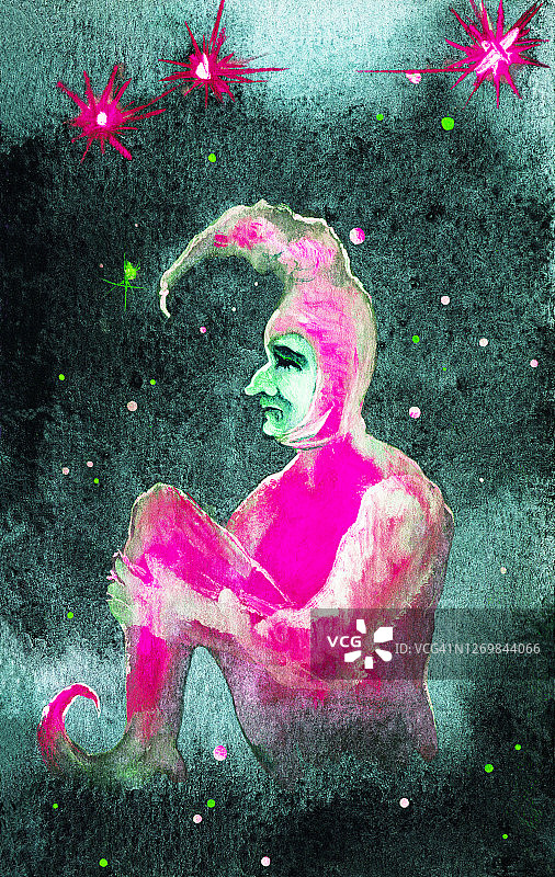 插图水彩肖像的男人浪漫的舞台人物花衣男人在戏剧亮红色的服装和粉红色的头饰与铃铛坐在云和梦想对着夜空和闪亮的星星图片素材