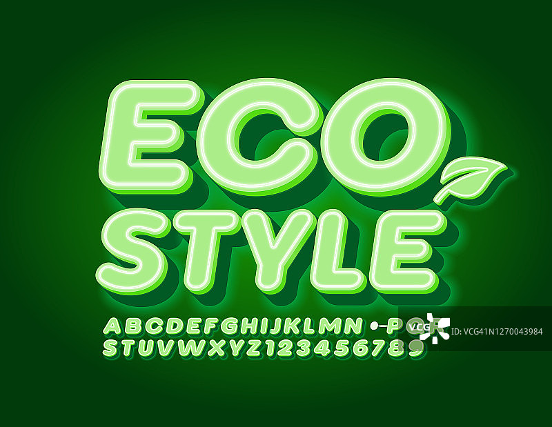 向量绿色生态字体与装饰树叶。现代氖字母表图片素材