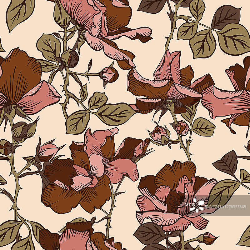 无缝模式与盛开的大棕色玫瑰花瓣、花蕾和叶子。艺术的夏季花卉背景孤立的米色。美丽的植物点缀。线条画，复古波西米亚时尚风格。图片素材