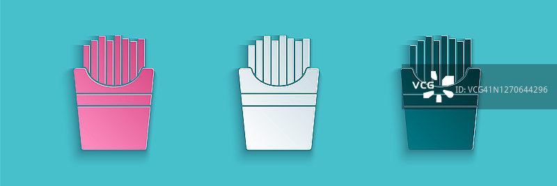 剪纸土豆薯条在纸箱包装盒图标孤立的蓝色背景。快餐菜单。纸艺术风格。矢量图图片素材