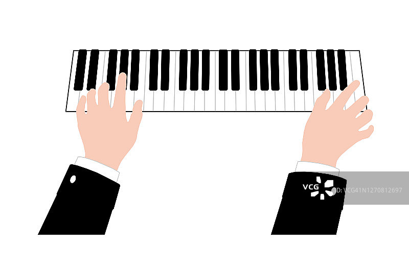 钢琴演奏者手放在钢琴键盘上。图片素材