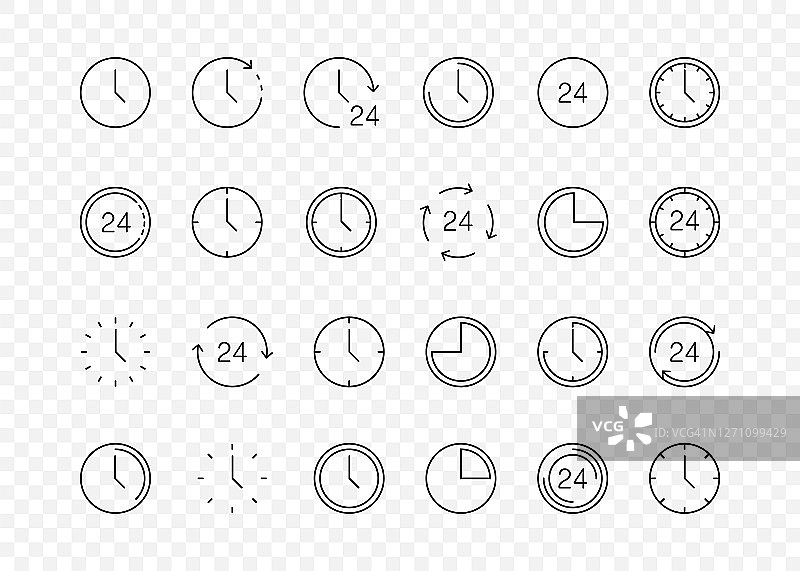 时间图标。时钟收集。时间和时钟向量收集。一套大的圆形线条图标。时间和时钟，孤立在白色背景。网页图标在薄线性简单的设计。矢量图图片素材