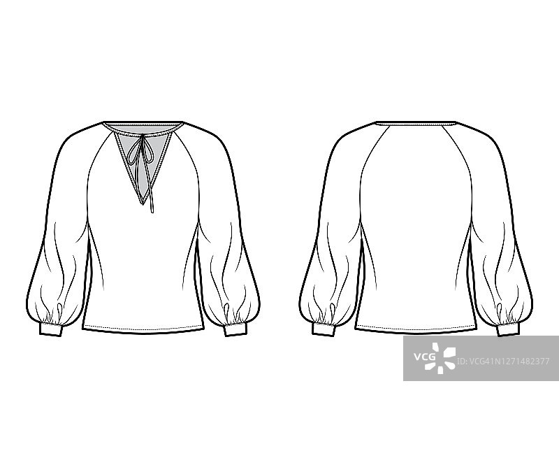 领带详细的领口衬衫技术时尚插图与长raglan主教袖子，超大，延长下摆图片素材