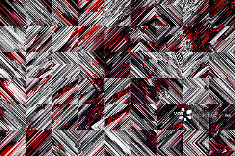 抽象扭曲的平行线红黑白背景。Glitch纹理几何正方形形状图片素材