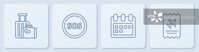 设置线行李箱，日历，位置与SOS和机票。白色方形按钮。向量图片素材