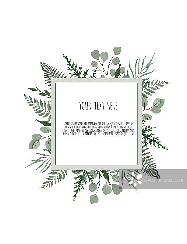 矢量花设计卡。问候，明信片婚礼邀请模板。优雅的框架与绿色的叶子图片素材