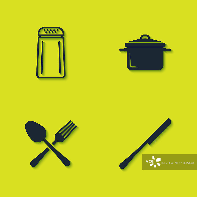 设置盐和胡椒，刀，交叉叉勺和烹饪锅图标。向量图片素材