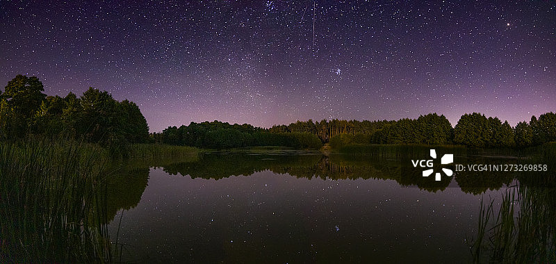星夜下的森林湖全景图片素材