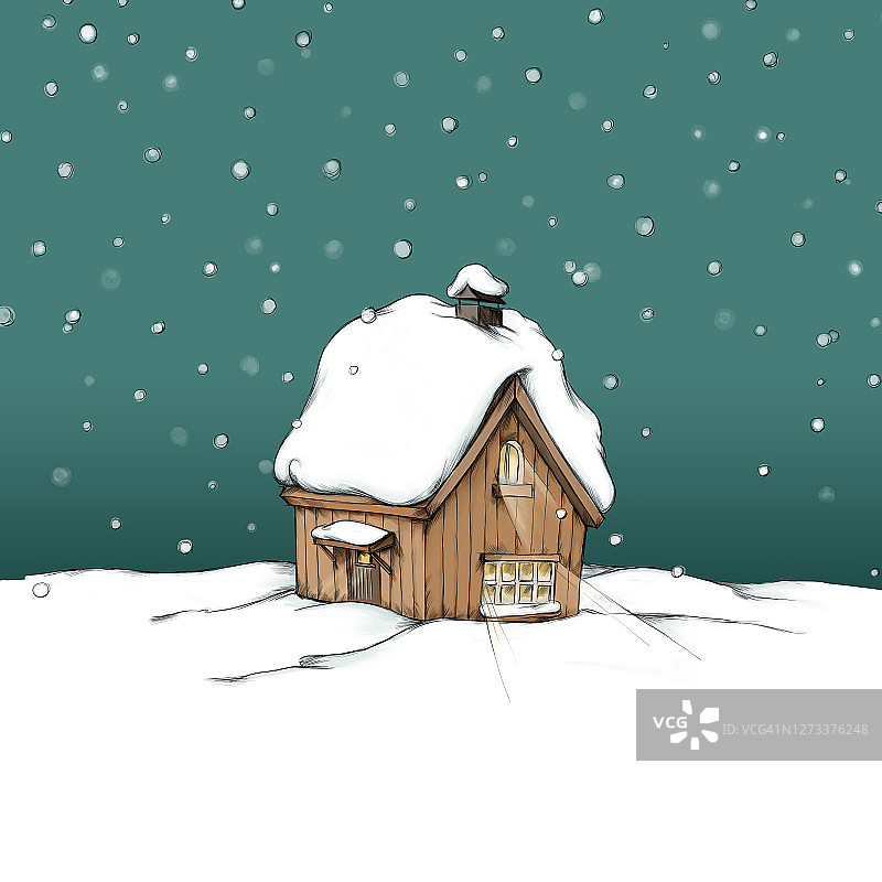 夜里雪地里的小木屋图片素材