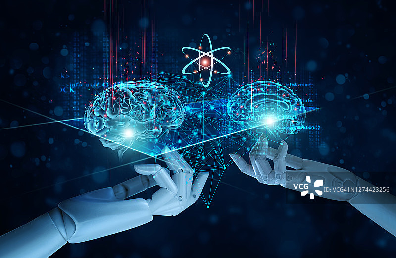人工智能(AI)的手触摸大脑，象征，机器学习，未来技术。大数据，科学，人工智能网络的商业分析，创新和业务增长发展。图片素材