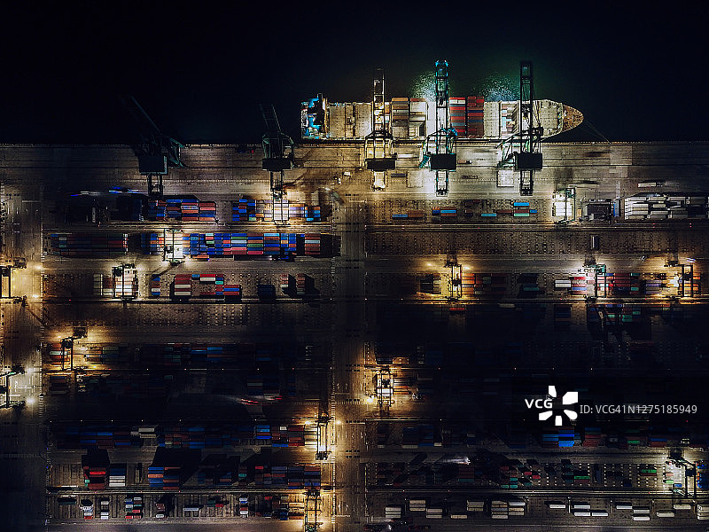 繁忙的工业港口与集装箱船在晚上的无人机视图图片素材