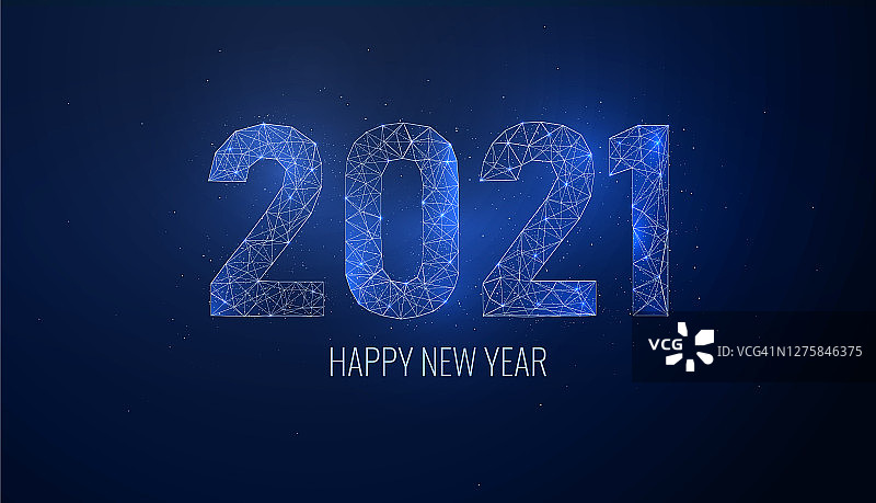 蓝色背景下的2021年新年祝福。闪烁数字的几何多边形概念的节日贺卡。未来的数字号码。矢量图图片素材