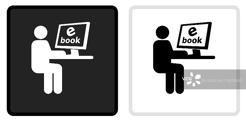 男人阅读电子书图标上的黑色按钮与白色翻转图片素材