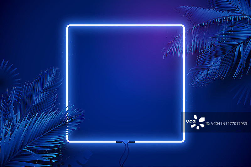 蓝色霓虹灯方形框架周围的棕榈树枝。发光的霓虹灯边界。矢量背景在synthwave风格。奢侈的横幅设计。每股收益10图片素材