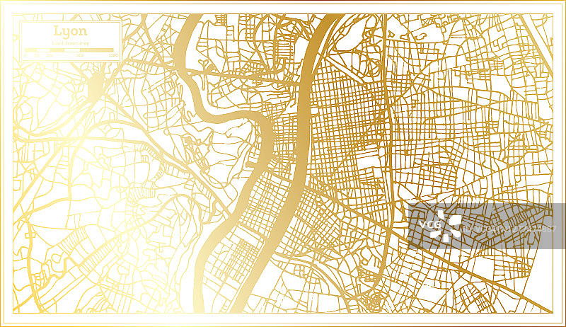 里昂法国城市地图在复古风格在金色。略图。图片素材