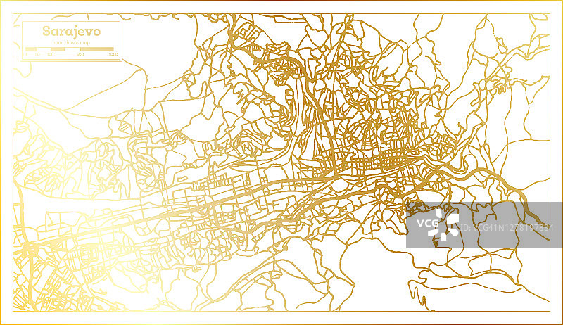 萨拉热窝波斯尼亚和黑塞哥维那城市地图复古风格在金色。略图。图片素材