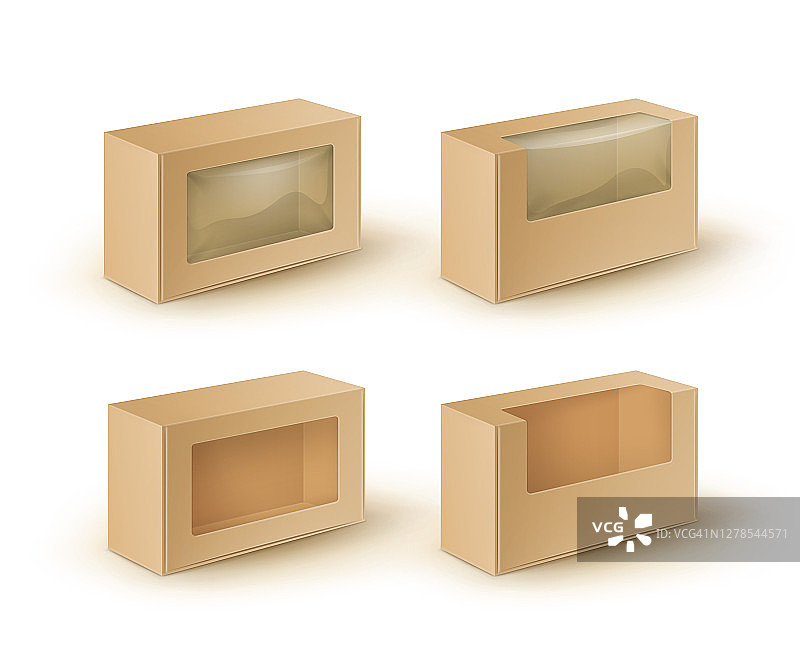 向量组棕色空白纸板矩形带走盒子包装的三明治，食物，礼物，其他产品与塑料窗户模拟近距离隔离在白色背景图片素材
