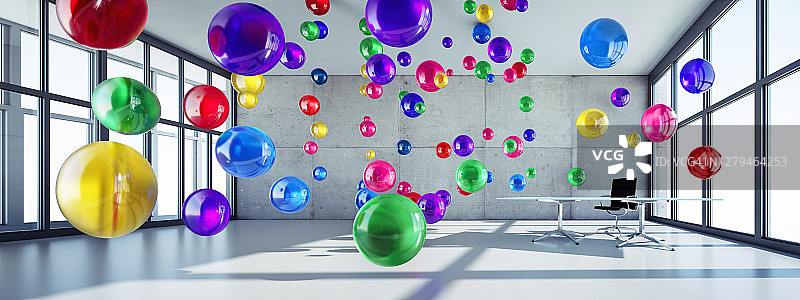 漂浮彩色球体的会议室图片素材