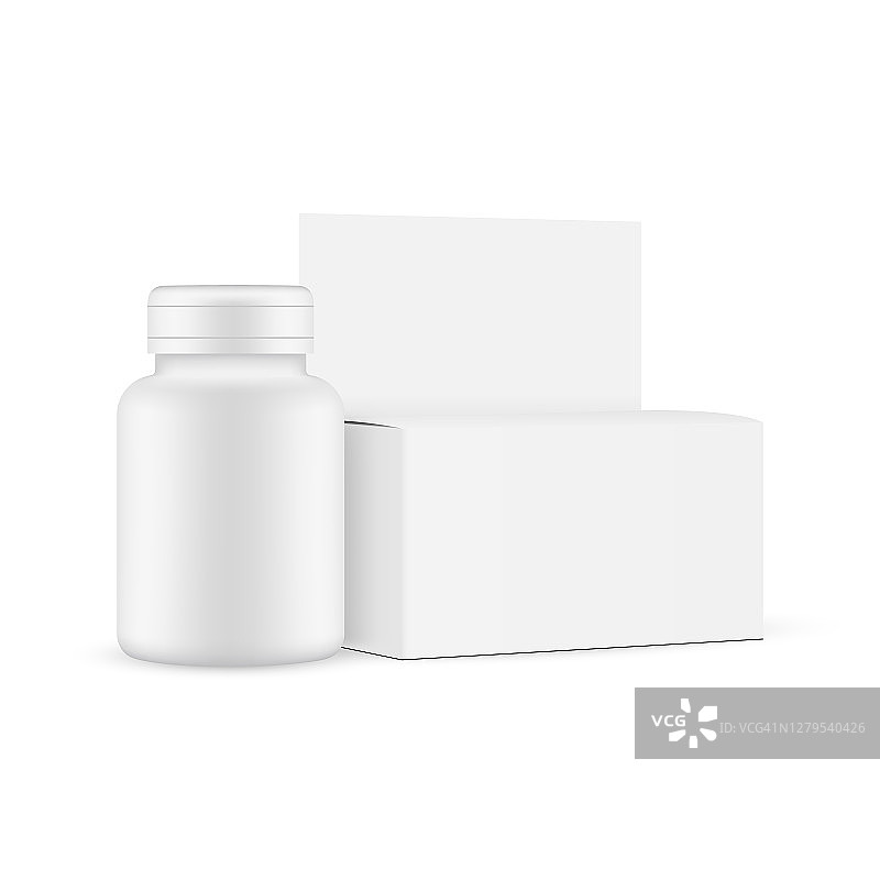药品塑料瓶与纸盒隔离在白色背景上图片素材