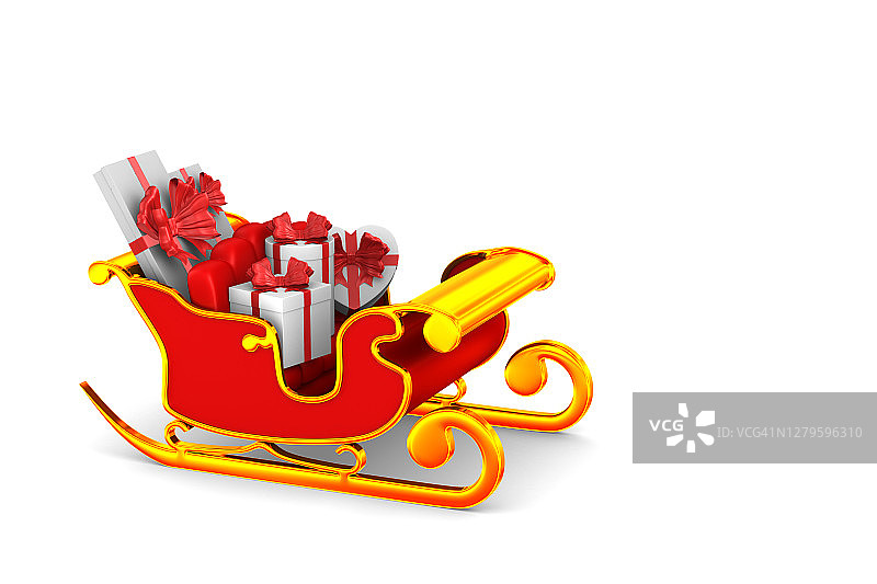 白色背景上的红色圣诞雪橇和礼盒。孤立的3 d演示图片素材