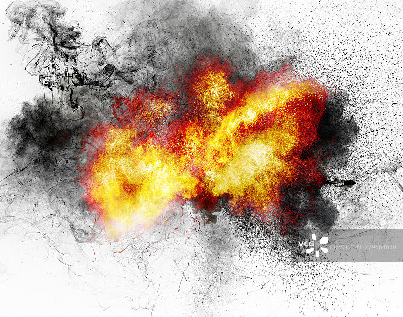 爆炸伴随着火焰、烟雾和白色背景上五颜六色的火花图片素材