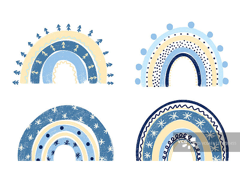 手绘冬季蓝色彩虹的集合，在白色背景上孤立的元素;苗圃艺术设计，用于婴儿服装和纺织品印刷，家居装饰艺术图片素材