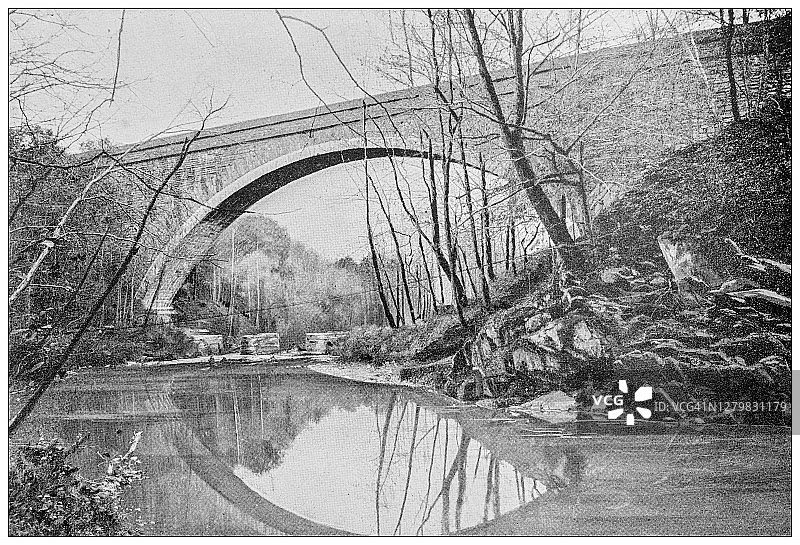 美国华盛顿的古老黑白照片:小屋约翰桥图片素材