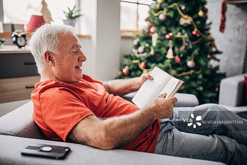 老人在家里的圣诞树旁看书图片素材