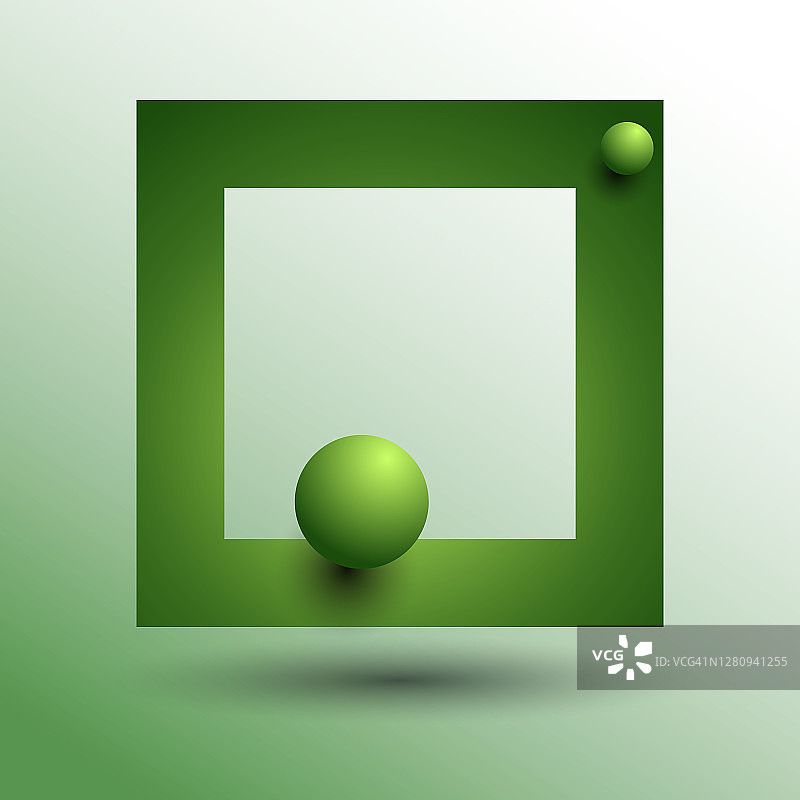 绿色方形框架与球。带有光影的抽象背景。图片素材