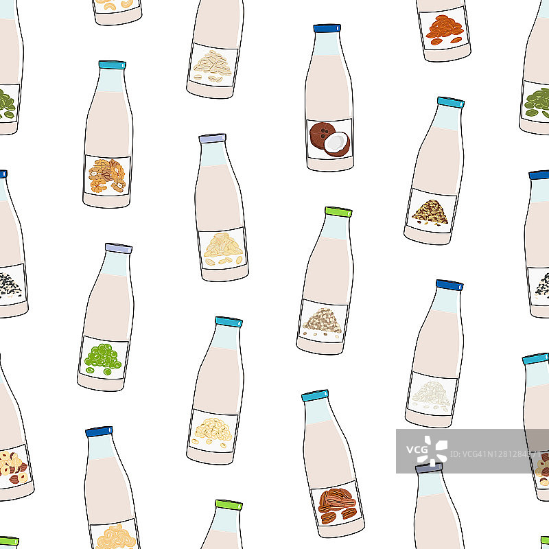 无缝模式的瓶子与植物为基础的牛奶图片素材