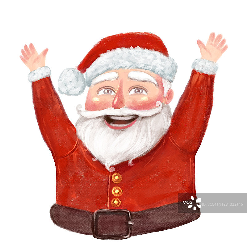 手绘的快乐卡通圣诞老人高兴地举起他的双手。鲜艳的彩绘，圣诞插画图片素材