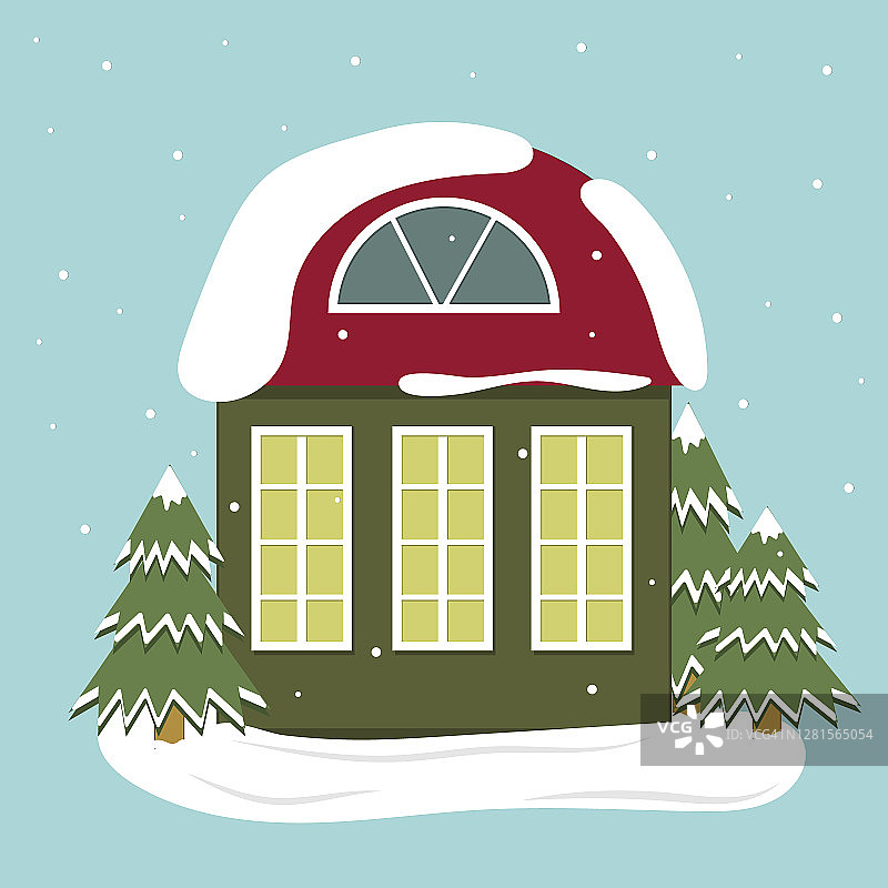 孤立的冬天房子在圣诞树的背景，颜色矢量插图在平面风格，剪纸，横幅，设计，装饰，图标图片素材