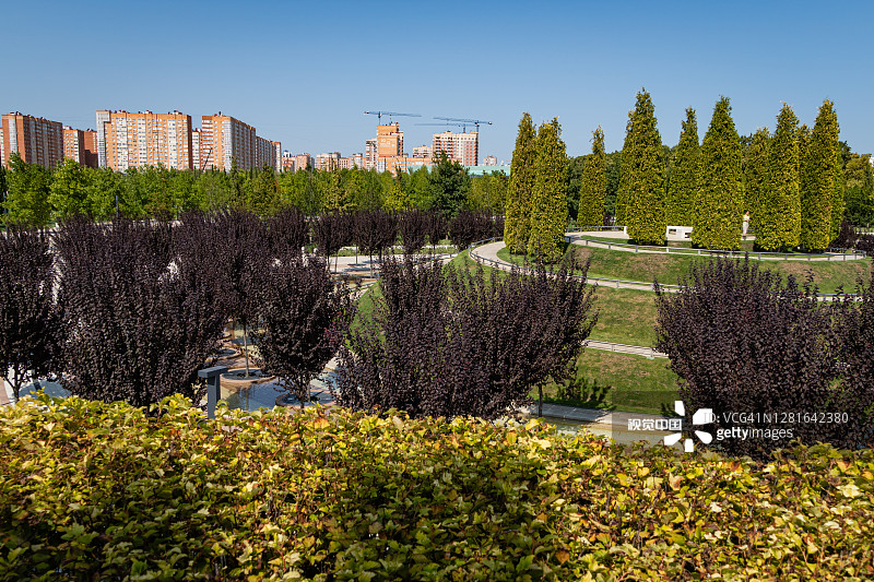 城市公园“克拉斯诺达尔”或加利茨基公园。“克拉斯诺达尔”足球场周围的公园露台上的常青树和落叶植物。景观。欧洲的水平。图片素材