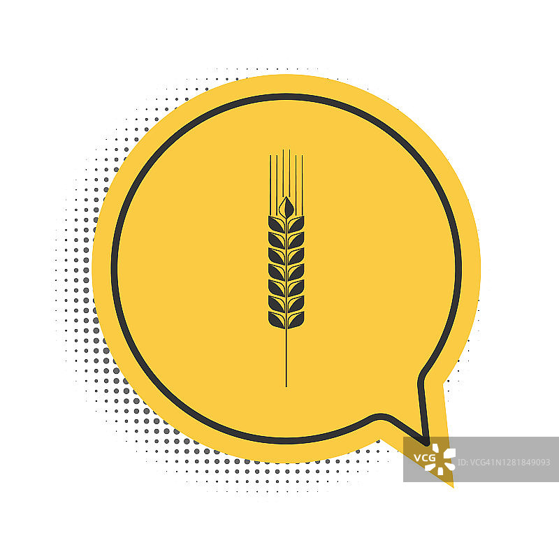 黑色谷物图标设置大米，小麦，玉米，燕麦，黑麦，大麦图标孤立在白色背景。小麦穗是面包的象征。农业小麦。黄色语音气泡符号。向量图片素材