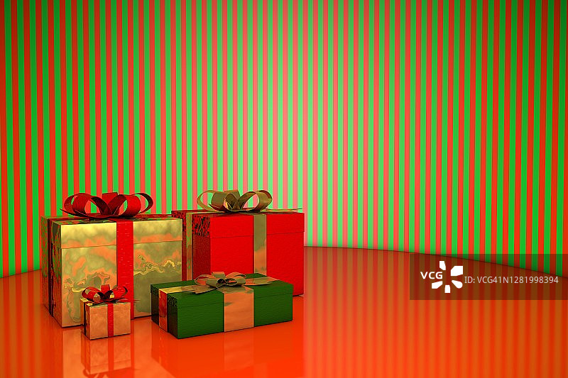 彩色礼品盒在绿色和红色条纹的房间里图片素材