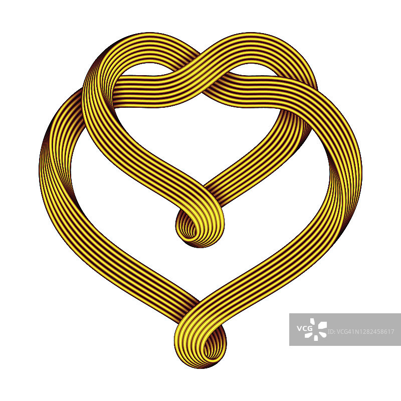 这是两颗心结合的标志，用缠绕在一起的金丝束做成。象征着无限的爱。矢量插图。图片素材