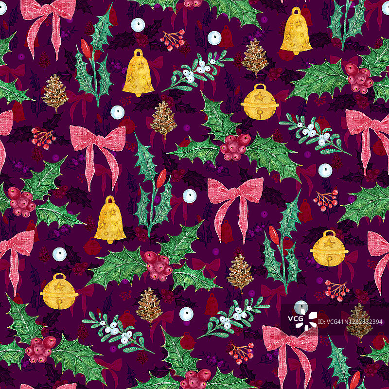 圣诞节无缝图案用红蝴蝶结、冬青和树枝作礼品纸图片素材