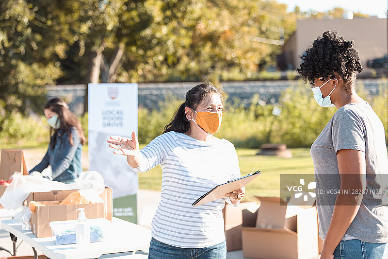 2019冠状病毒病期间，志愿者戴着口罩对捐赠的食物进行分类图片素材