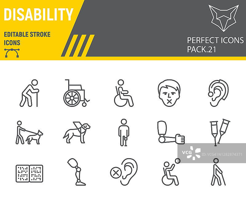 残疾线条图标集，残疾人收藏，矢量草图，标志插图，残疾图标，残疾标志线形象形图，可编辑的笔触。图片素材