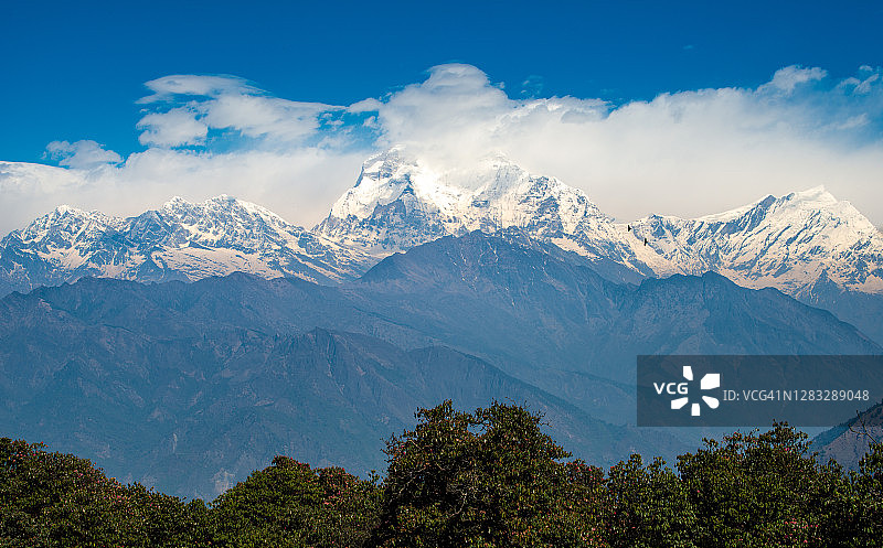 从Ghorepani, Poon山徒步旅行的尼泊尔Dhaulagiri山的观点。图片素材