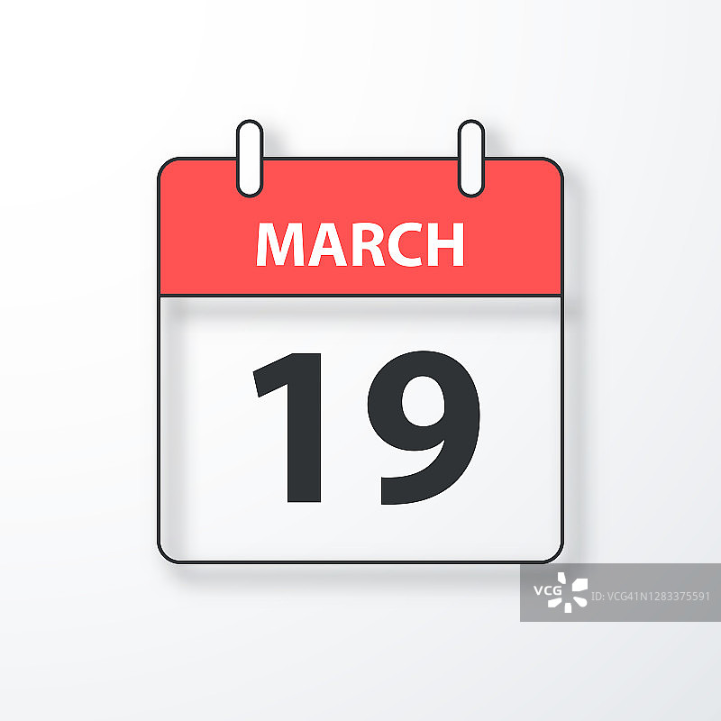 3月19日-每日日历-黑色轮廓与阴影在白色的背景图片素材