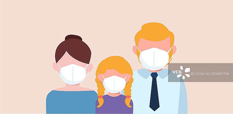 家人戴防护医用口罩预防疾病。矢量图图片素材