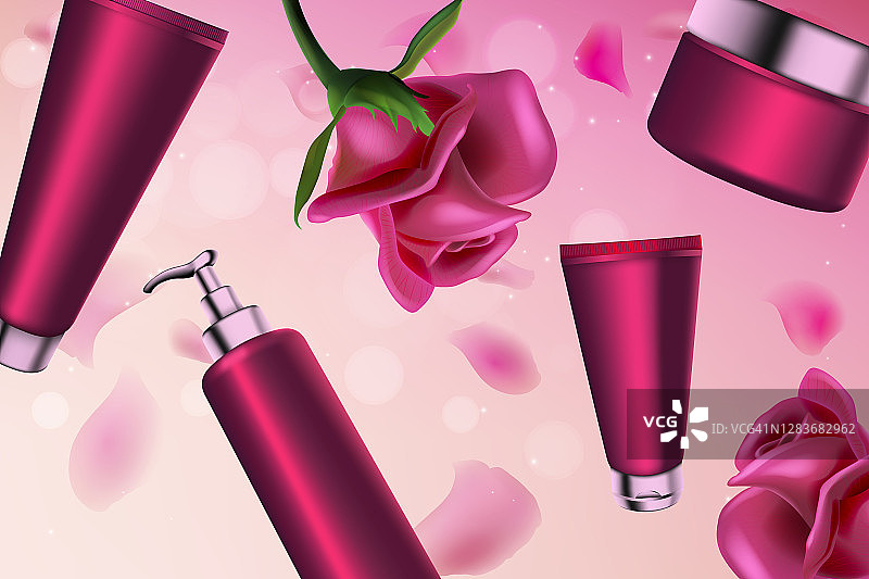 粉红玫瑰化妆品系列矢量插图，3d塑料化妆品瓶与泵分配器的身体保湿，管包装与面部护理液体霜图片素材